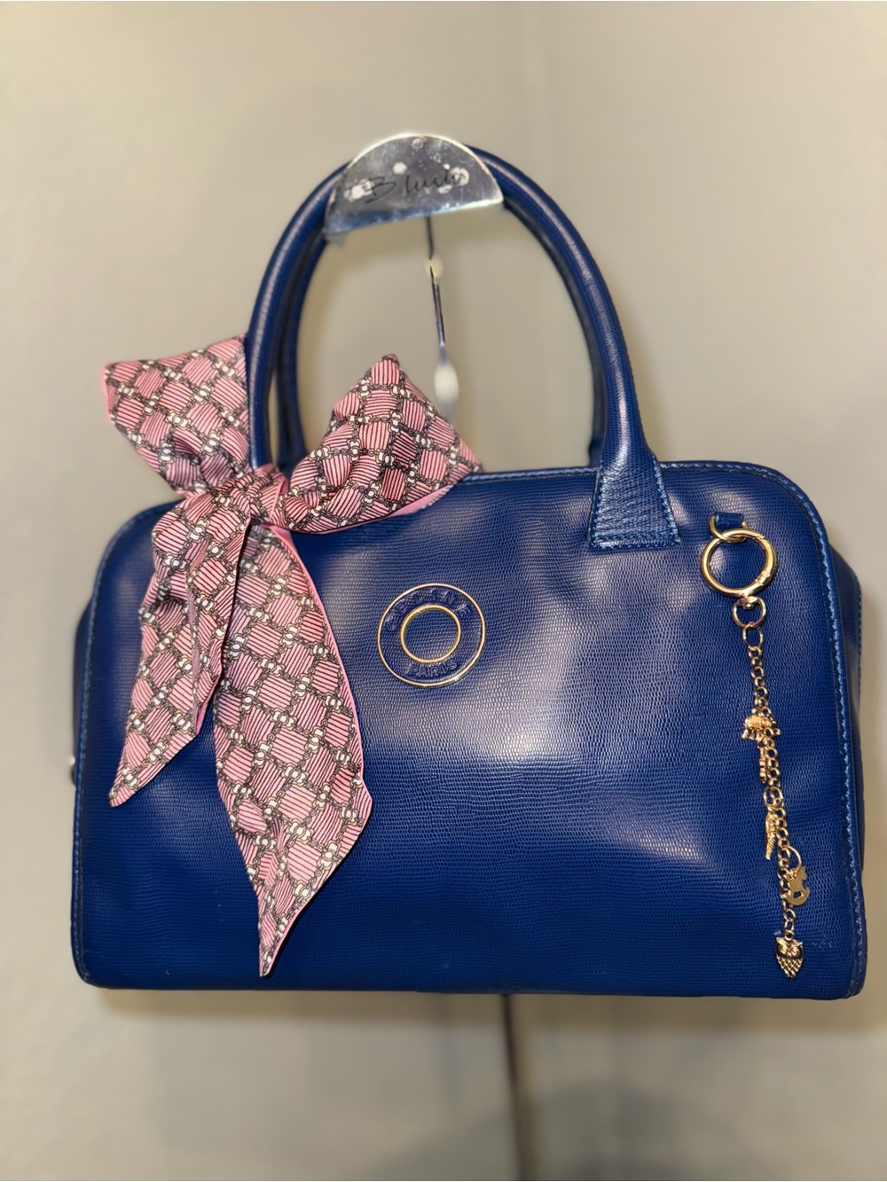 Celine Navy Blue Leather Boston Satchel with Pink Bow Scarf and Gold Charm